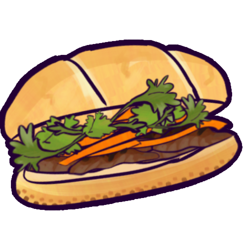 A drawing of a bánh mì thịt. It is a sandwich made of a bánh mí - baguette - with meat, carrots, and cilantro on top.